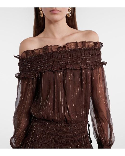 Self-Portrait Brown Shirred Silk-Blend Georgette Maxi Dress