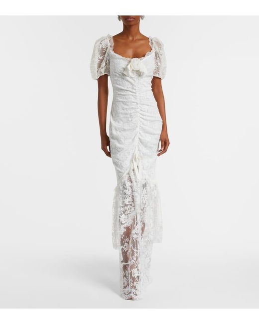 Alessandra Rich White Bow-Detail Ruched Lace Gown