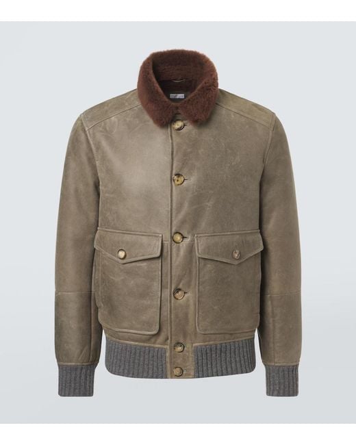 Brunello Cucinelli Green Shearling-Lined Leather Blouson Jacket for men