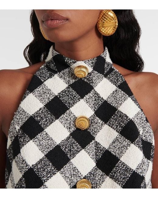 Balmain White Halterneck Cotton-Blend Tweed Minidress