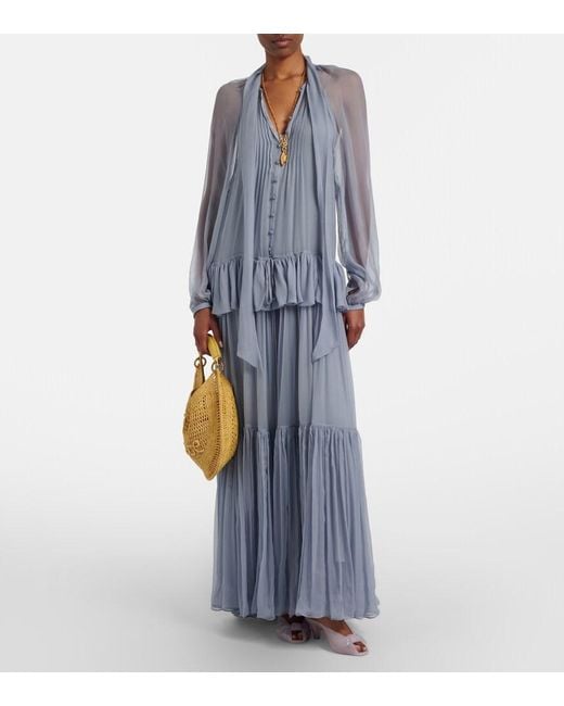 Chloé Blue Ruffled Silk Muslin Maxi Dress
