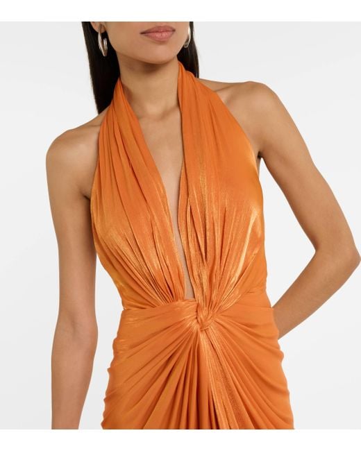 Costarellos Orange Colette Gathered Halterneck Silk Gown