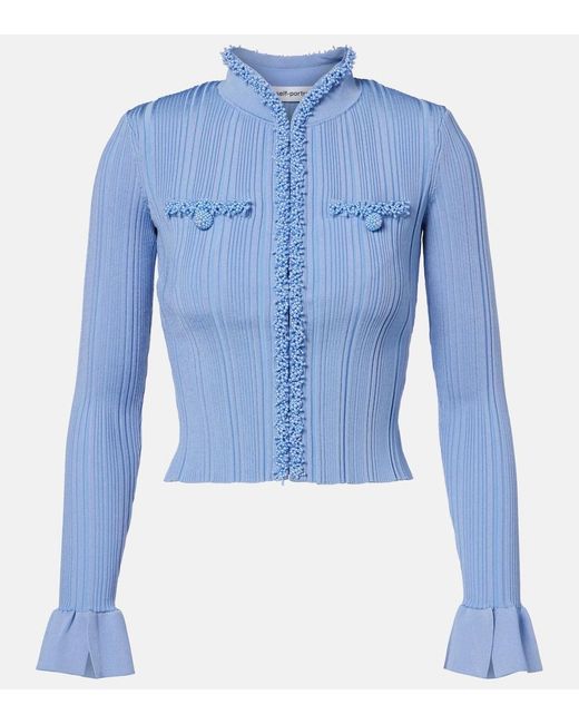 Self-Portrait Blue Beaded Ribbed-Knit Cardigan