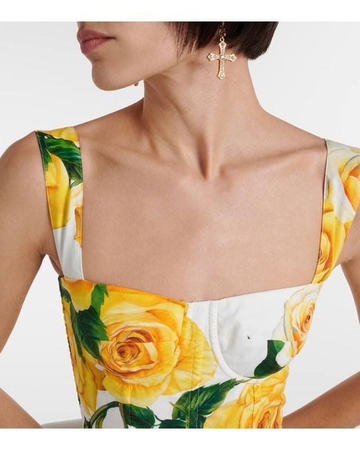 Dolce & Gabbana Yellow Kurzes Bustierkleid Aus Baumwolle Gelbe-Rosen-Print