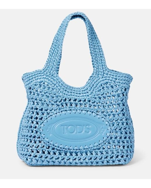 Tod's Blue Leather-Trimmed Raffia Basket Bag