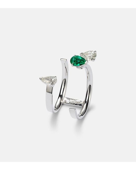 Repossi White Serti Sur Vide 18Kt Ring With Diamonds And Emerald