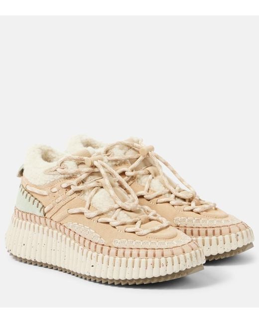 Chloé Natural Nama Shearling-Lined Suede Sneakers