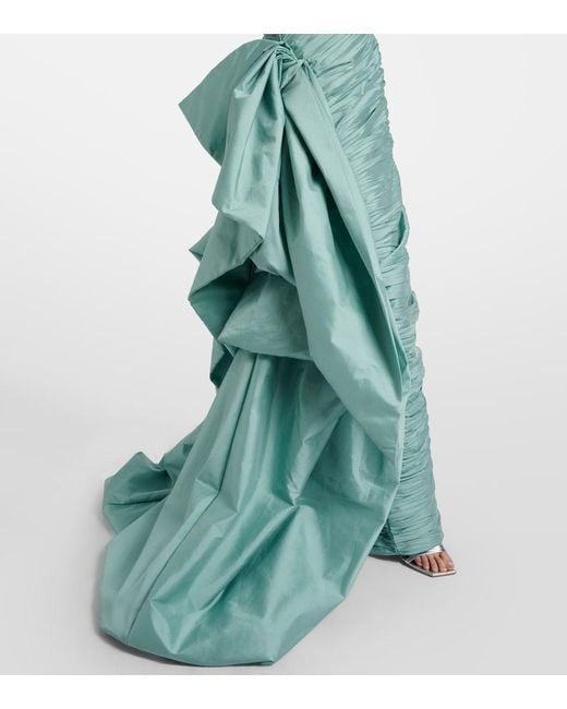 Marmar Halim Green Draped Pleated Taffeta Bustier Gown