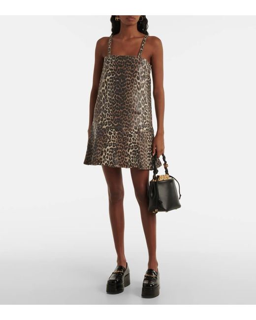 Ganni Brown Leopard-Print Denim Minidress