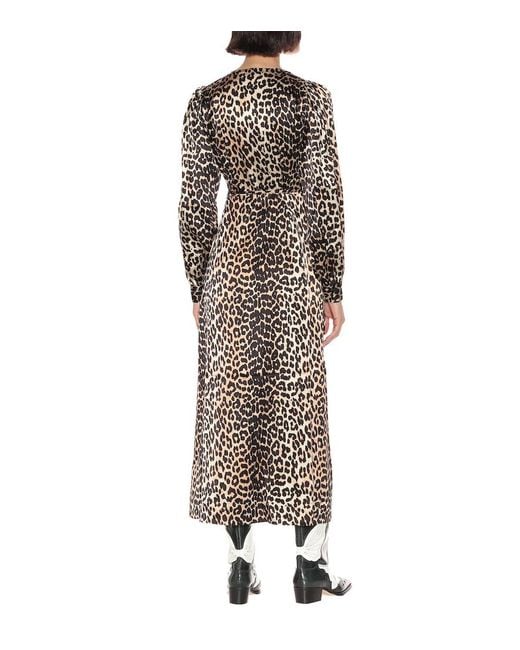 Ganni Multicolor Leopard-print Ruched Stretch-silk Midi Dress
