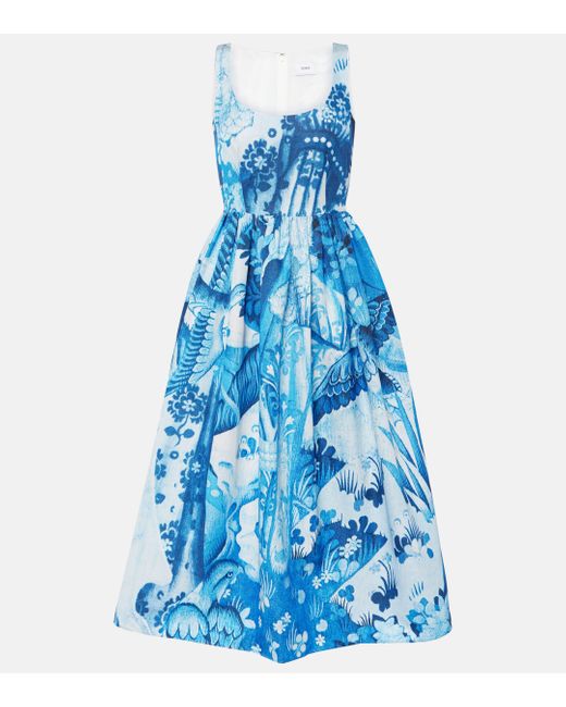 Erdem Blue Printed Cotton-blend Faille Midi Dress