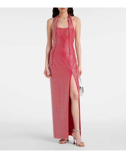 Area Red Crystal-Embellished Halterneck Gown