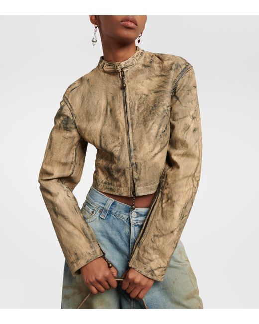 Acne Natural Cropped Painted Leather Biker Jacket