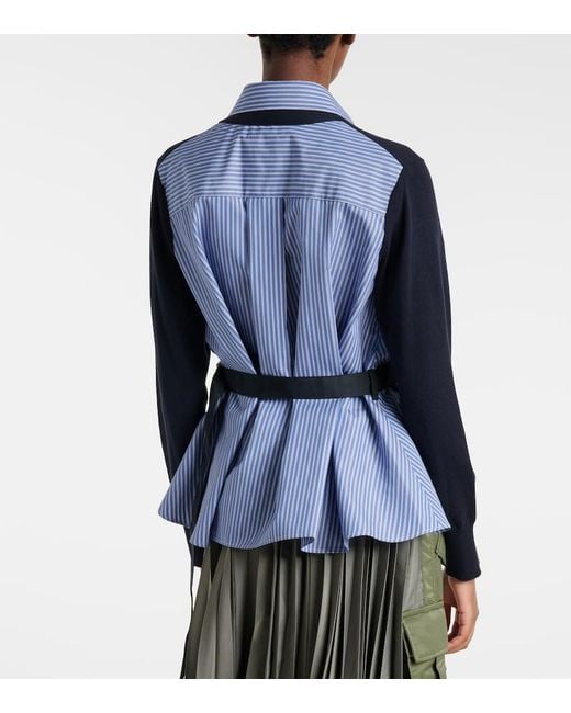 Sacai Blue Layered Striped Cotton Cardigan
