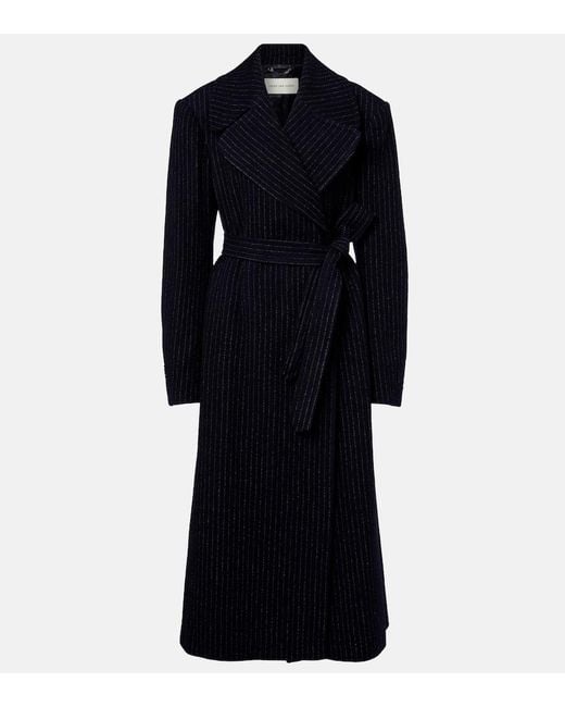 Dries Van Noten Black Belted Pinstriped Wool Coat