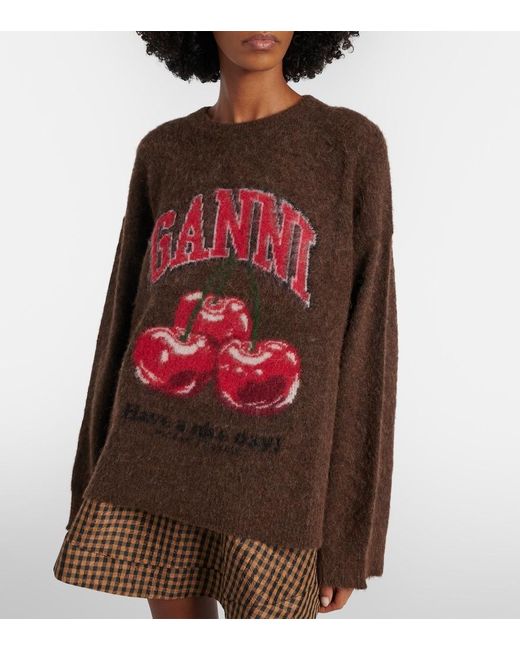 Ganni Red Printed Alpaca And Wool-Blend Sweater