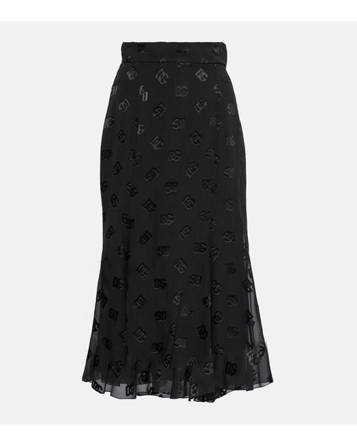 Dolce & Gabbana Black Dg Devore Satin Midi Skirt