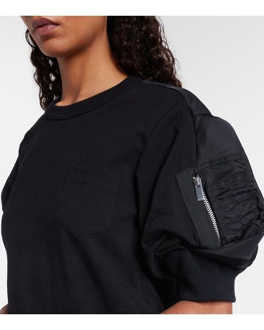 Sacai Black Cotton Twill And Jersey T-Shirt
