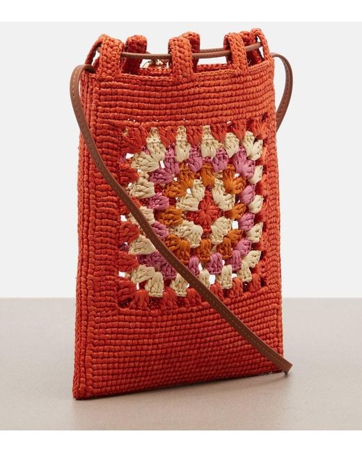 Loewe Red Paula's Ibiza Crochet Raffia Pouch With Strap