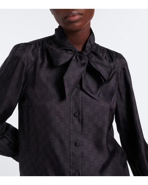 Gucci Black Gg Tie-Neck Silk Twill Blouse