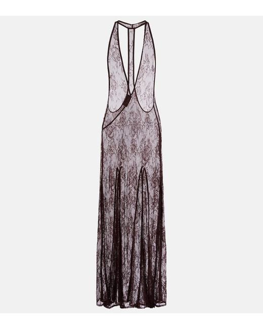 Adriana Degreas Purple Sheer Open-Back Lace Maxi Dress