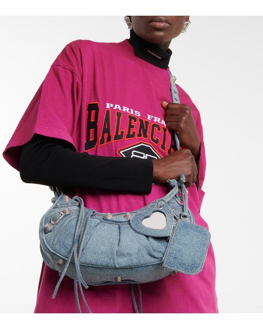 Balenciaga Women's Le Cagole Xs Shoulder Bag in Denim with Rhinestones - Pink