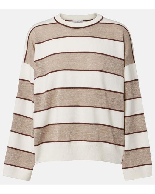 Brunello Cucinelli Natural Striped Wool, Cashmere, And Silk Sweater