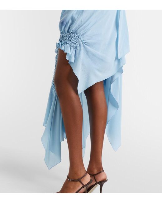 Victoria Beckham Blue Asymmetric Smocked Silk Cocktail Dress