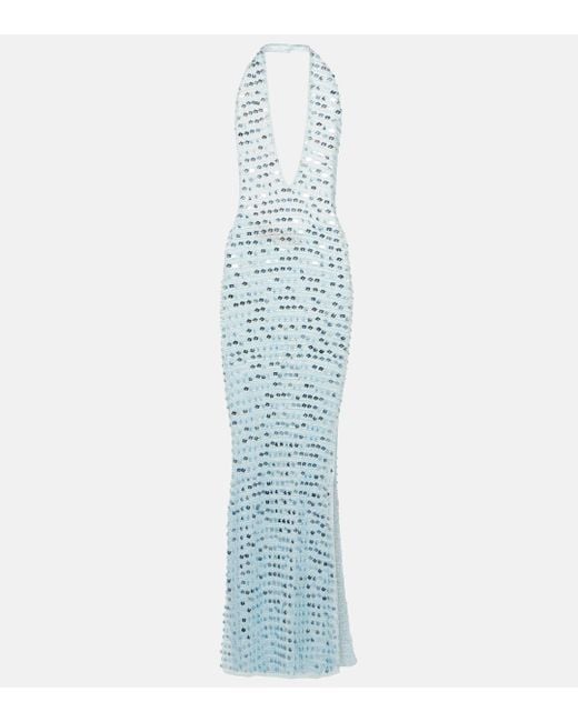 AYA MUSE Blue Enodia Sequined Halterneck Maxi Dress