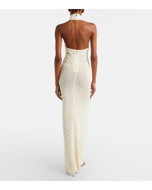 David Koma White Crochet Embellished Turtleneck Gown