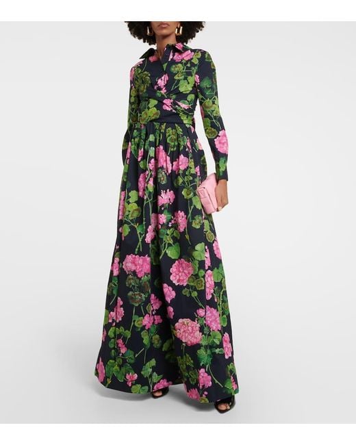Oscar de la Renta Green Floral Cotton-blend Maxi Dress