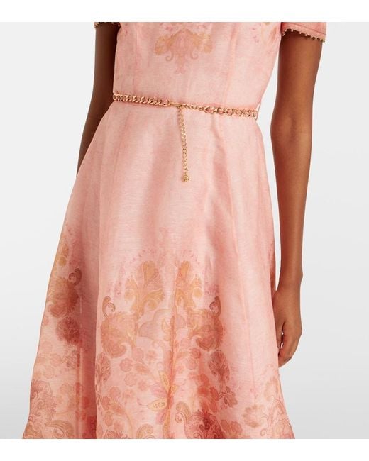 Zimmermann Pink Belted Paisley Linen And Silk Midi Dress