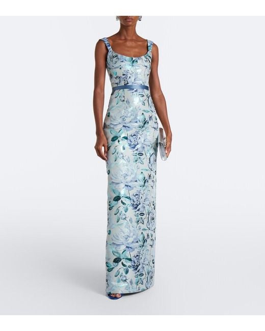 Markarian Blue Robin Belted Floral Brocade Gown