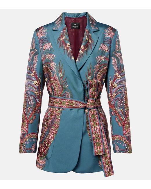 Etro Blue Floral Printed Silk Blazer