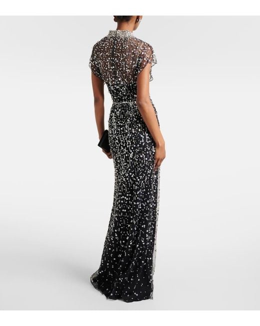 Jenny Packham Black Crystal Drop Embellished Caped Gown