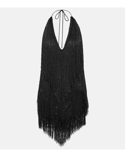 ROTATE BIRGER CHRISTENSEN Black Sequin-embellished Fringed Minidress