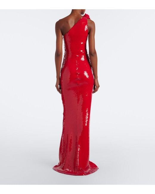 David Koma Red Sequined One-Shoulder Gown