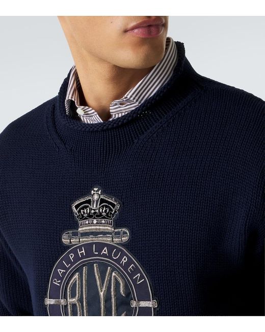 Ralph Lauren Blue Embroidered Cotton Sweater for men