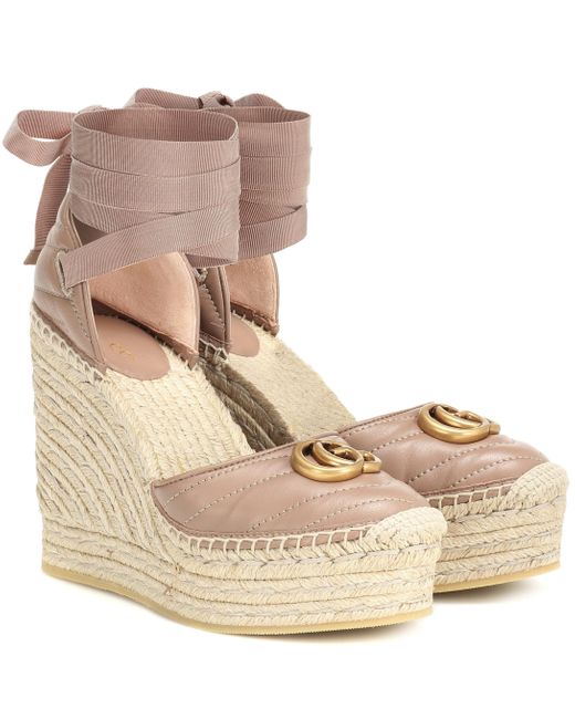 Gucci Double G Leather Espadrille Wedges | Lyst