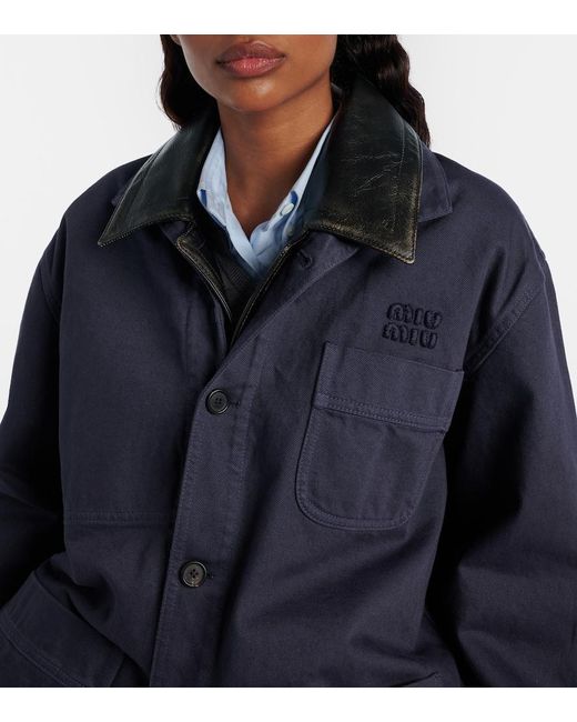 Miu Miu Blue Leather-Trimmed Oversized Cotton Gabardine Jacket