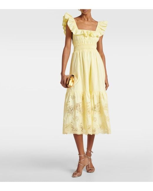 Self-Portrait Yellow Lace-trimmed Cotton Midi Dress