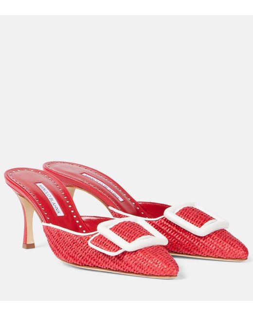 Manolo Blahnik Red Maysale 70 Leather-Trimmed Raffia Mules