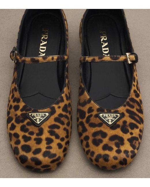 Prada Brown Leopard-Print Calf Hair Mary Jane Flats
