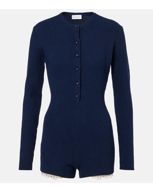 Magda Butrym Blue Lace-Trimmed Knitted Cotton-Blend Romper
