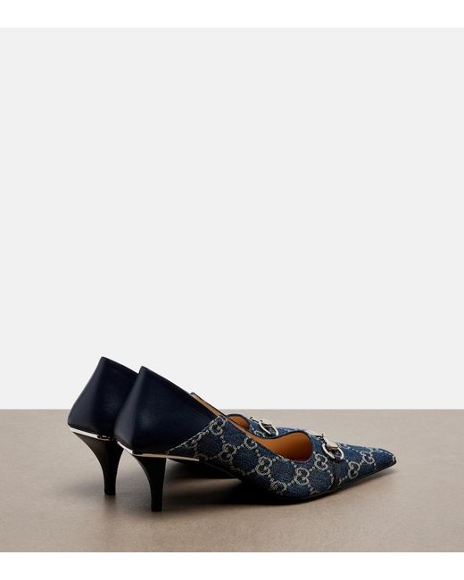Gucci Blue Vittoria Leather-Trimmed Denim Pumps