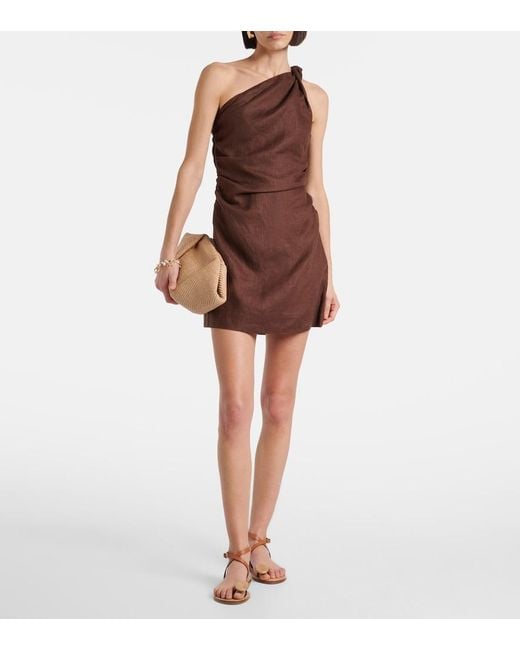Faithfull The Brand Brown Marga One-Shoulder Linen Minidress