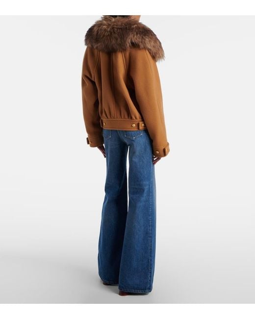 Chloé Brown Cropped Shearling-Trimmed Wool-Blend Coat