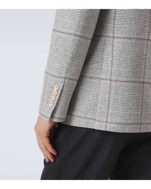Brunello Cucinelli Gray Checked Silk, Wool, And Cashmere Blazer for men