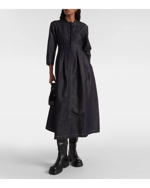 Max Mara Black Autore Pleated Denim Midi Dress