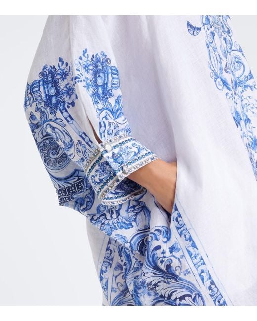 Camilla Blue Floral Crystal-Embellished Linen Kaftan